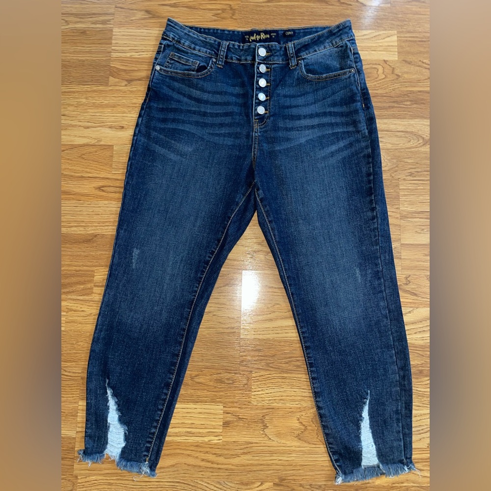 Indigo Rein Curvy Button Fly Cropped Raw Hem Jeans Juniors 15 Waist 31 Length 25